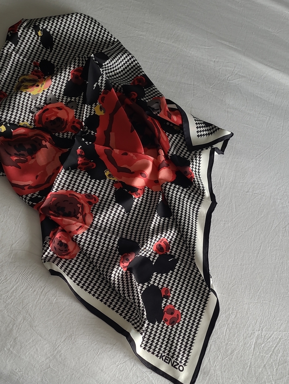 Kenzo Black, White & Red Floral Houndstooth Silk Scarf 35x35"